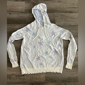 Light Long Sleeve Hoodie. Light blue with blue and purple stars. Size L.